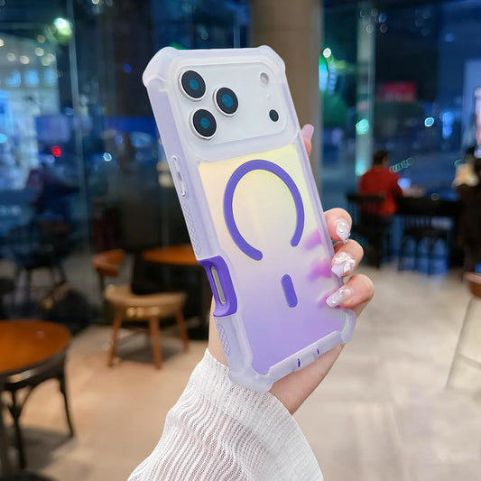 HISTORYOO Color Changing Laser Dazzling Magnetic 2 in 1 Phone Case for Iphone 17 Pro Max Air 16 15 14 13 Pro Max / Pro for Magsafe Wireless Charge Four Corner Full Coverage Anti-Drop Shockproof Matte Fluorescent Iridescent Gradient Cover + PC Front Frame