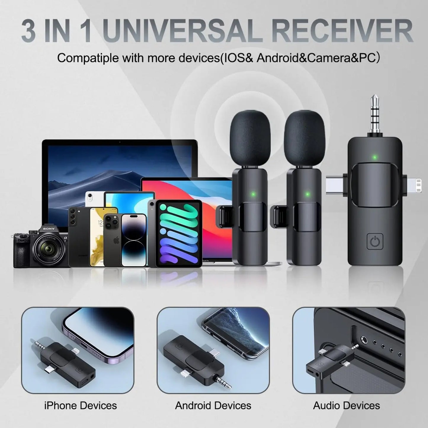 3-In-1 Wireless Compact Lavalier Microphone for Iphone, Android, PC, USB-C, Noise Cancelling Lapel Mic for Interviews, Videos, Podcasts, Conferences, Wireless Mic Receiver