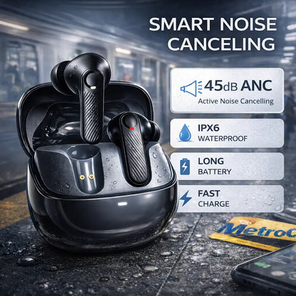 Voprene V73 Hifi Deep Bass Wireless Earbuds with Active Noise Cancellation 140H Playtime ENC Clear Calls Bluetooth 5.4 Immersive ANC & 10 Minute Quick Charge - Charging