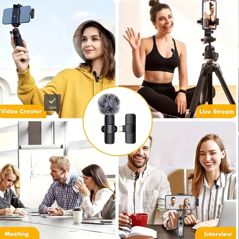 Wireless Mini Microphone for Iphone/Smartphone, 2 Mini Lapel Microphones with Clearer Audio for Video Recording, Interview, Vlog，Noise Reduction Device Noise Cancellation Stereo Wireless Vlogging Tools Handheld High Quality Audio
